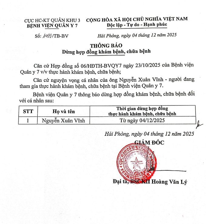 Thông báo dừng hợp đồng khám bệnh, chữa bệnh